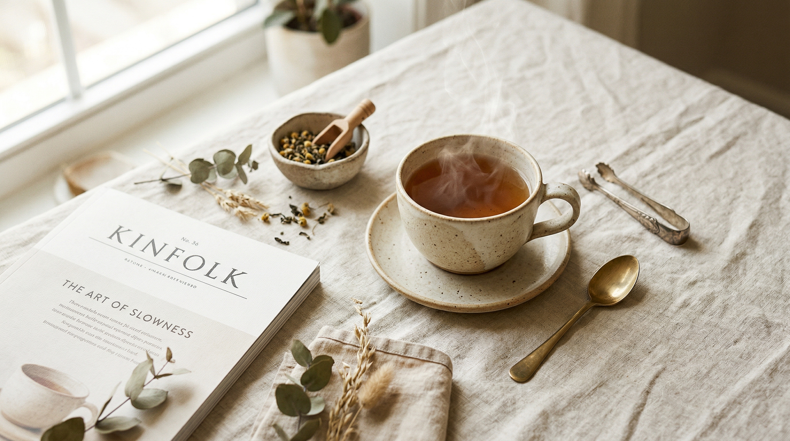 Ceramic teacup on a linen cloth, softly lit